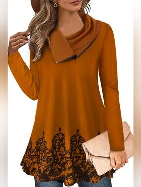 NWT-Miusey Brown Cowl Neck Long Sleeve Zipper Accent Floral Tunic Top XXL